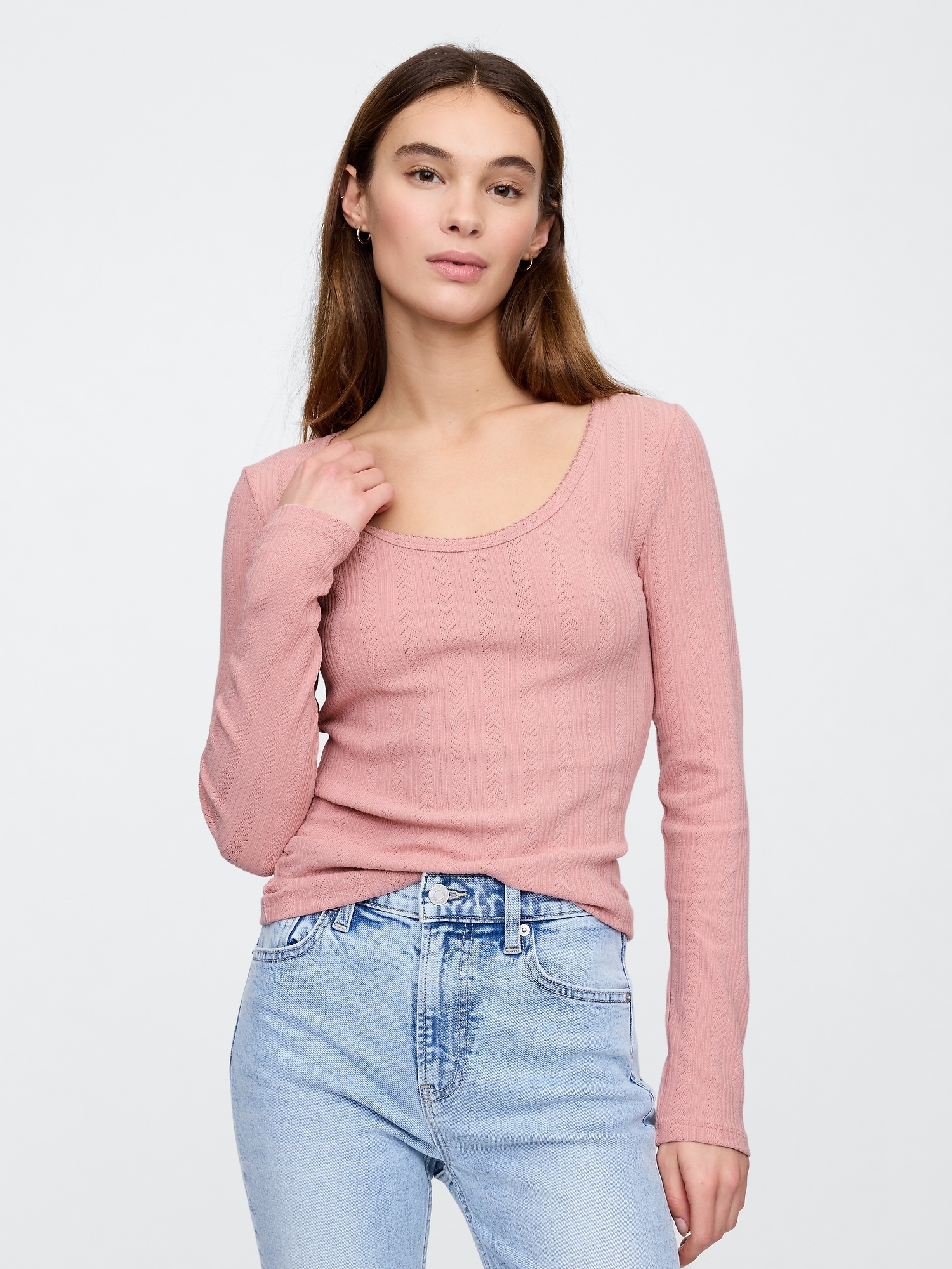 Ribbed Pointelle Scoopneck T-Shirt