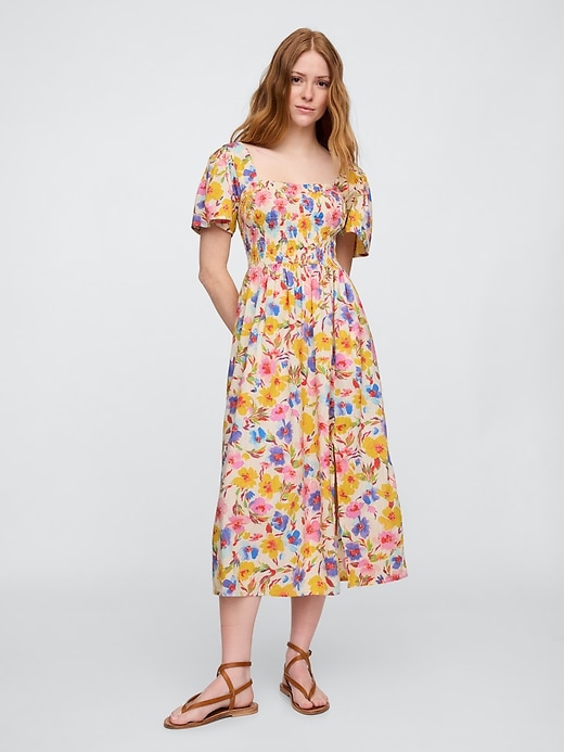 Image number 1 showing, Print Smocked Puff Sleeve Midi Dress