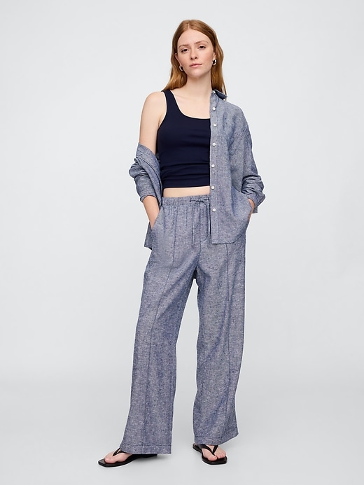 Image number 1 showing, Mid Rise Linen-Blend Pull-On Wide-Leg Pants