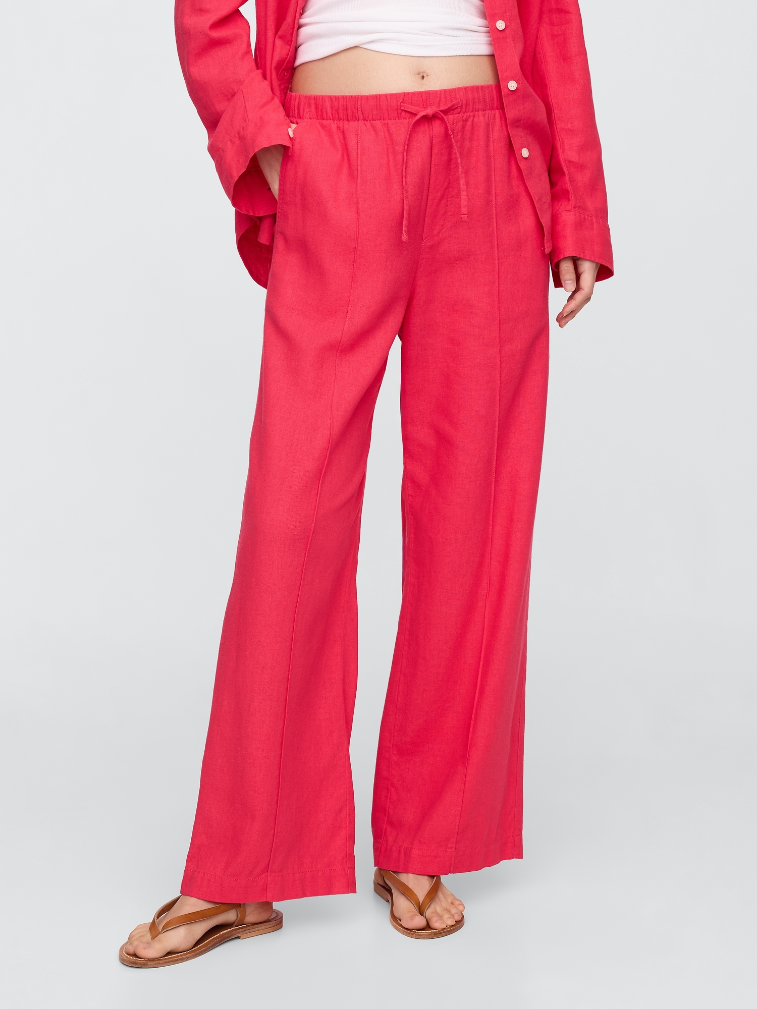 Gap Factory Mid Rise Linen-blend Pull-on Wide-leg Pants In Pink