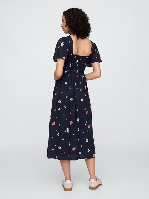 Print Smocked Puff Sleeve Midi Dress