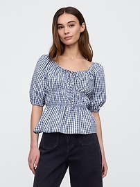 Puff Sleeve Checked SET-UP トップスのみ Tossed Strawberry Puff Sleeve Top | Kate Spade Outlet