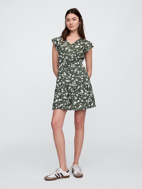 Flutter Sleeve Tie-Waist Mini Dress