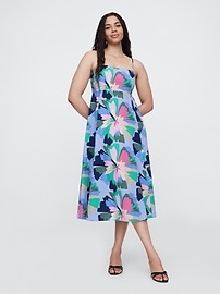 Poplin Print Squareneck Midi Dress