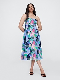 Poplin Print Squareneck Midi Dress