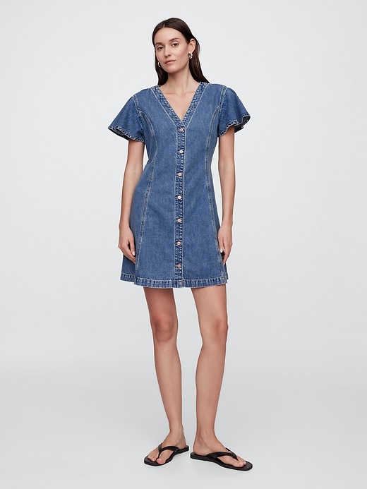 Image number 1 showing, Denim Flutter Sleeve Mini Dress