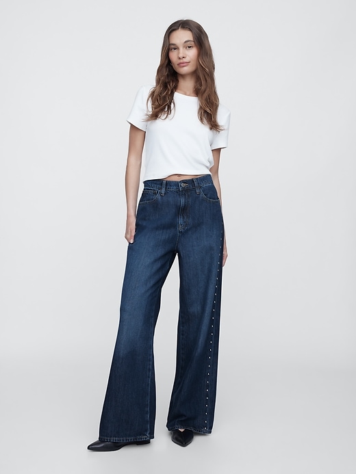 Image number 1 showing, High Rise SuperSoft Studded Wide-Leg Jeans