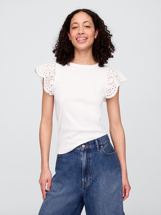 Image number 1 showing, Ribbed Eyelet Flutter Sleeve T-Shirt