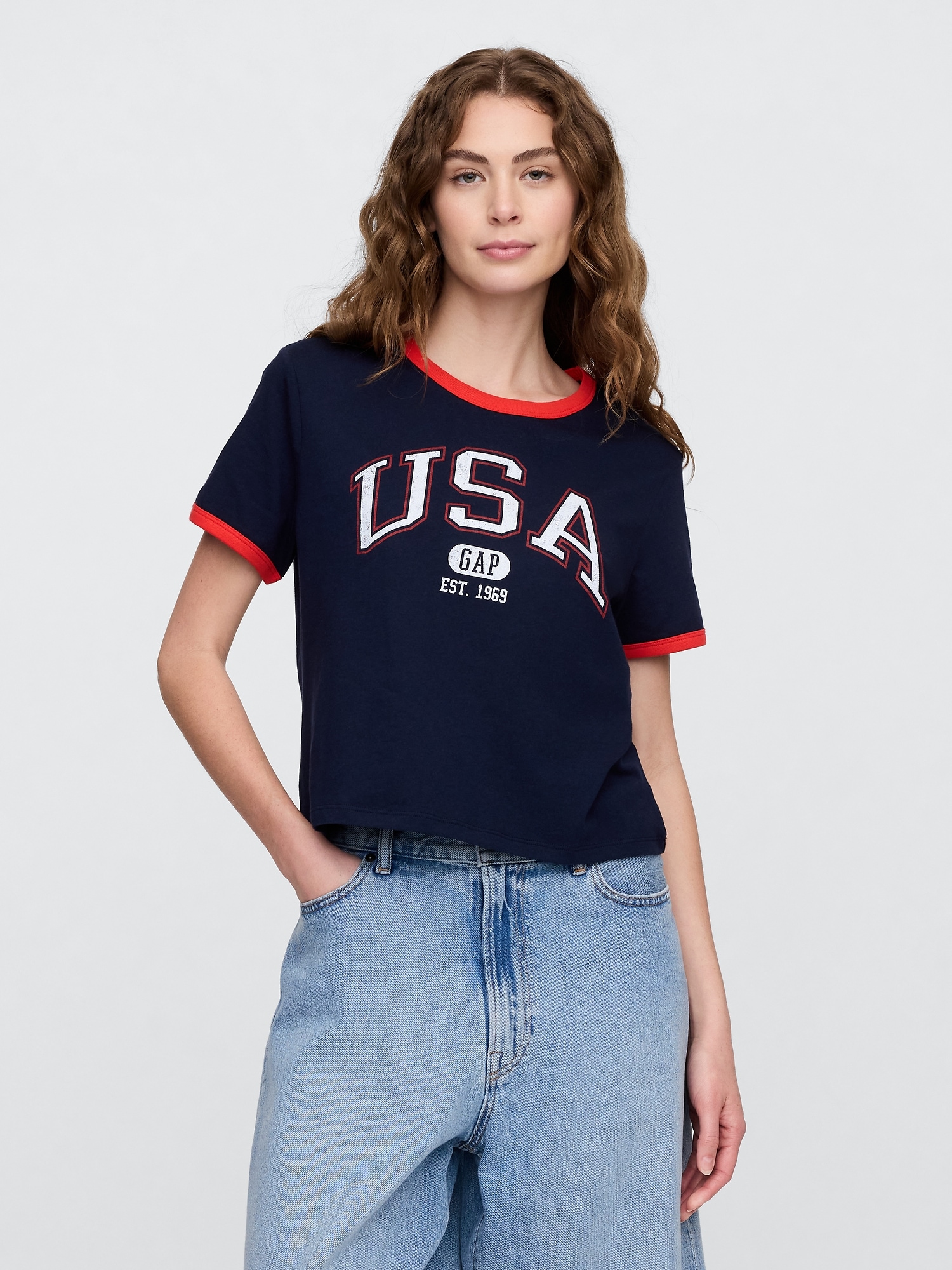 Shrunken Graphic Ringer T-Shirt - Blue