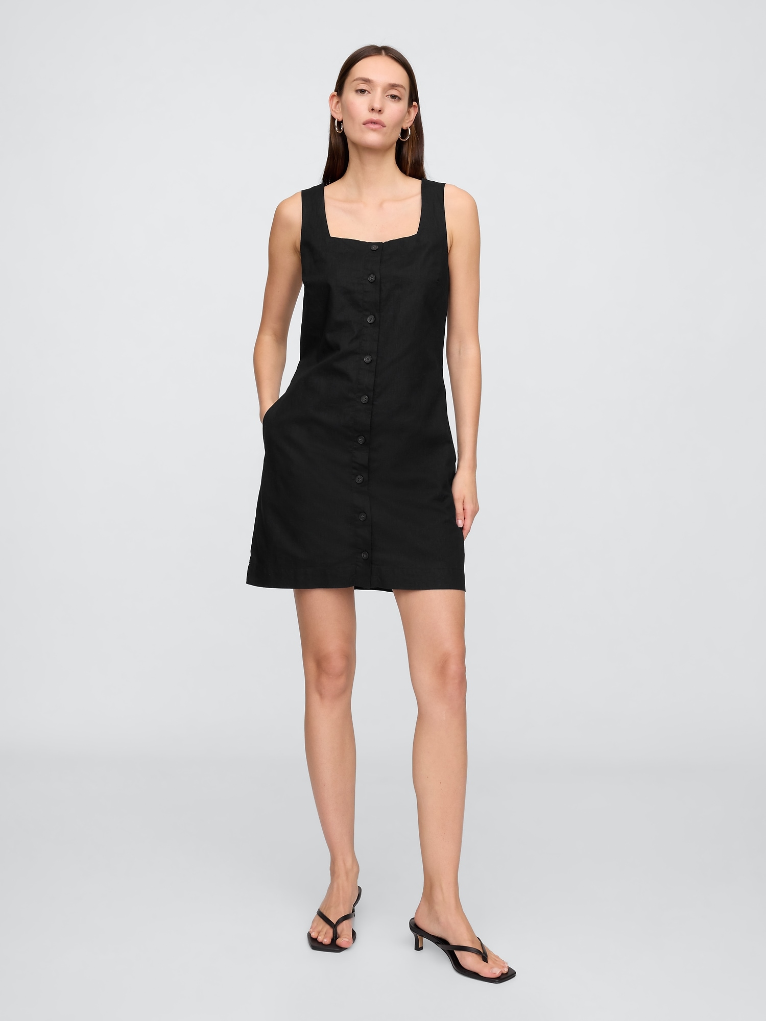 Linen-Blend Button-Front Mini Dress