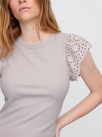 Ribbed Eyelet Flutter Sleeve T-Shirt