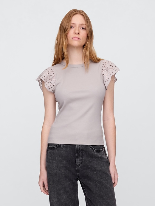 Image number 1 showing, Ribbed Eyelet Flutter Sleeve T-Shirt