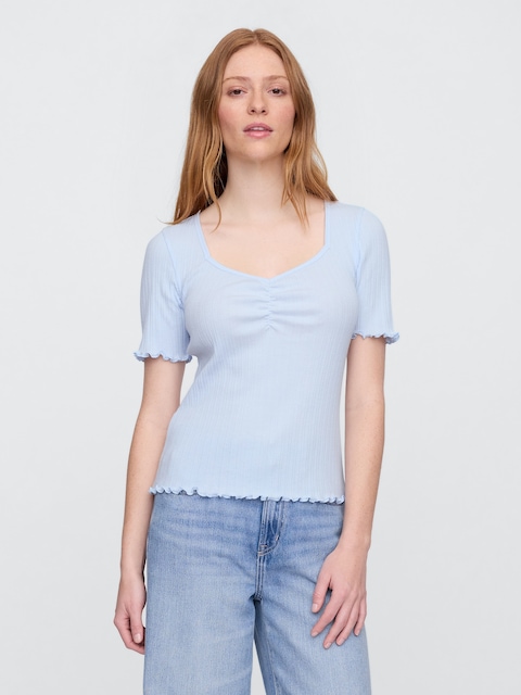 Ribbed Pointelle Ruched Top