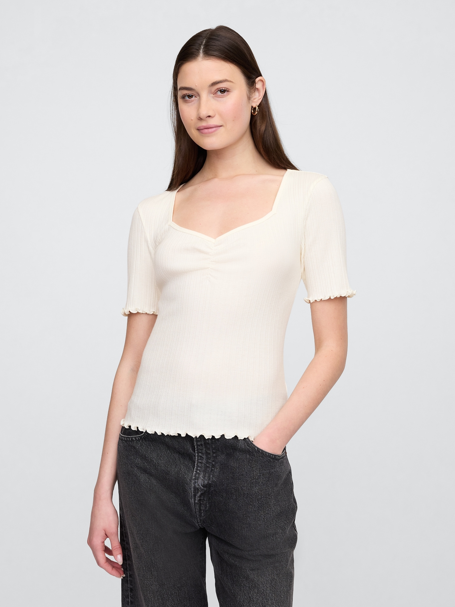 Ribbed Pointelle Ruched Top