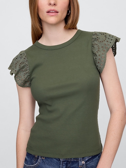 Image number 4 showing, Ribbed Eyelet Flutter Sleeve T-Shirt