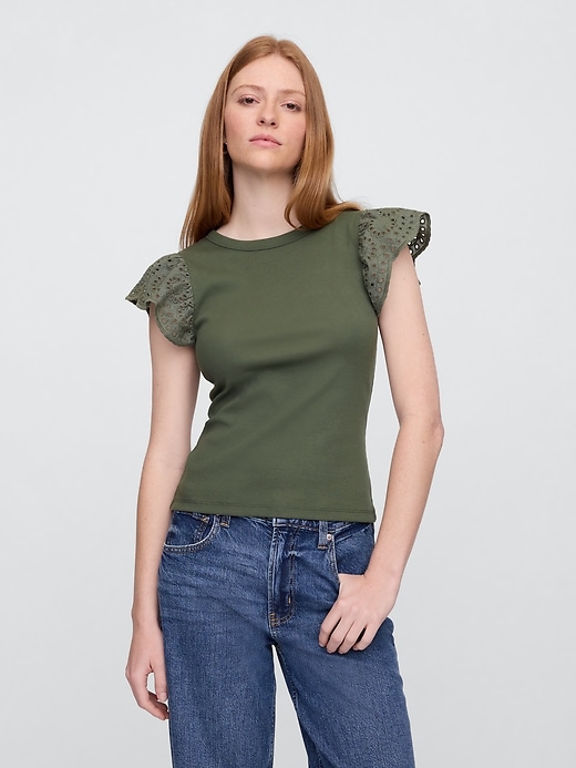 Image number 1 showing, Ribbed Eyelet Flutter Sleeve T-Shirt