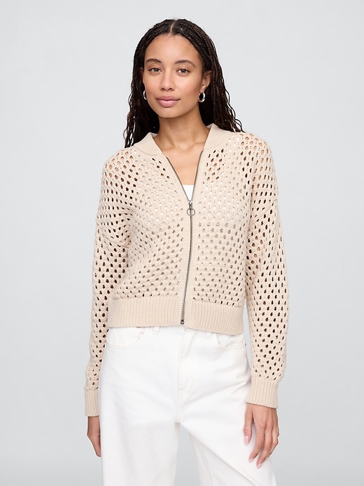 Image number 1 showing, Relaxed Crochet Bomber Cardigan