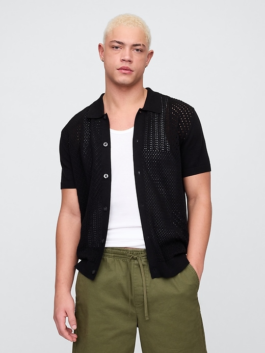 Image number 1 showing, Mixed-Stitch Crochet Vacay Shirt in Standard Fit