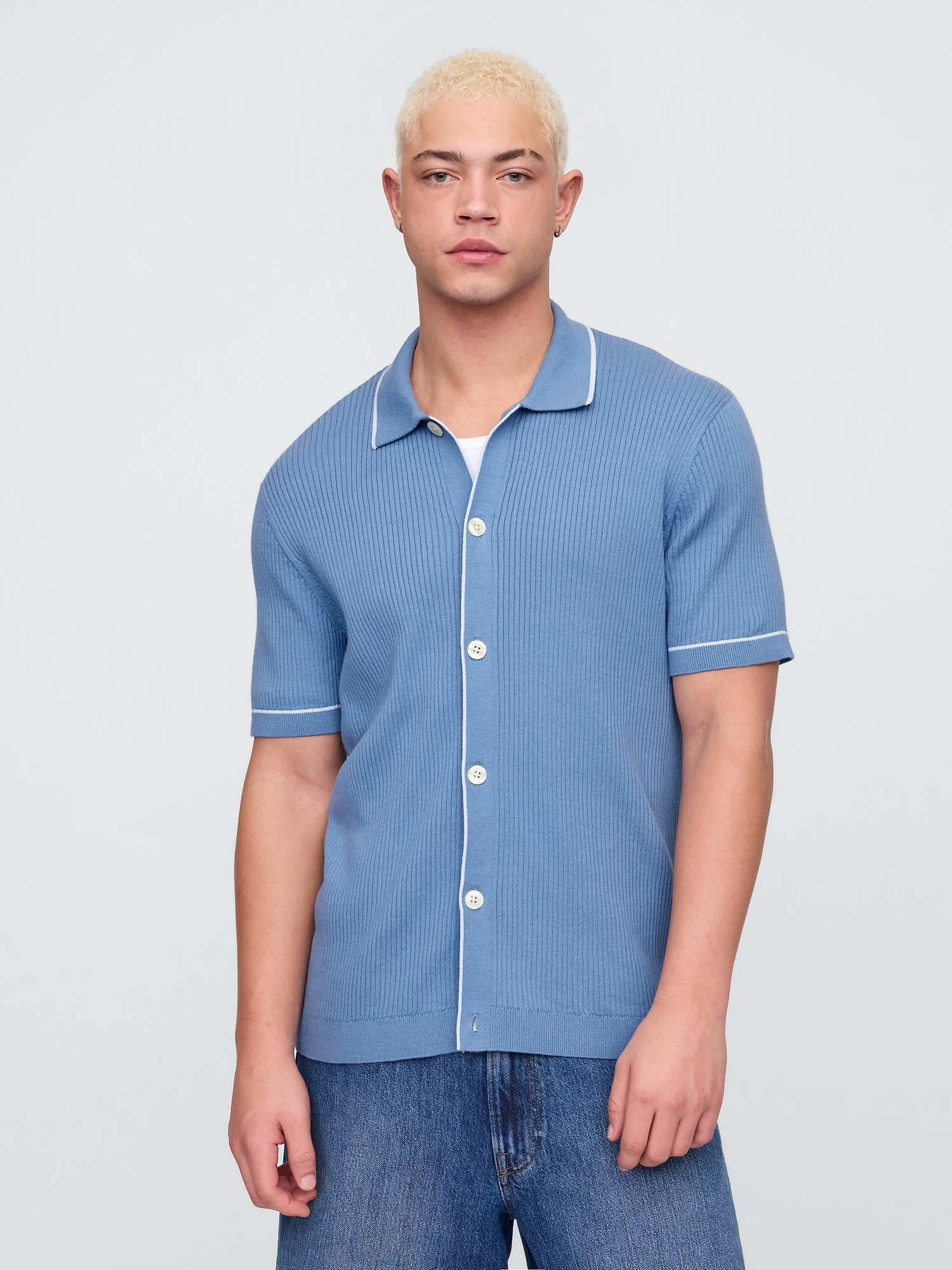 Ribbed Button-Front Polo Shirt