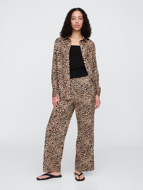 Mid Rise Linen-Blend Pull-On Wide-Leg Pants