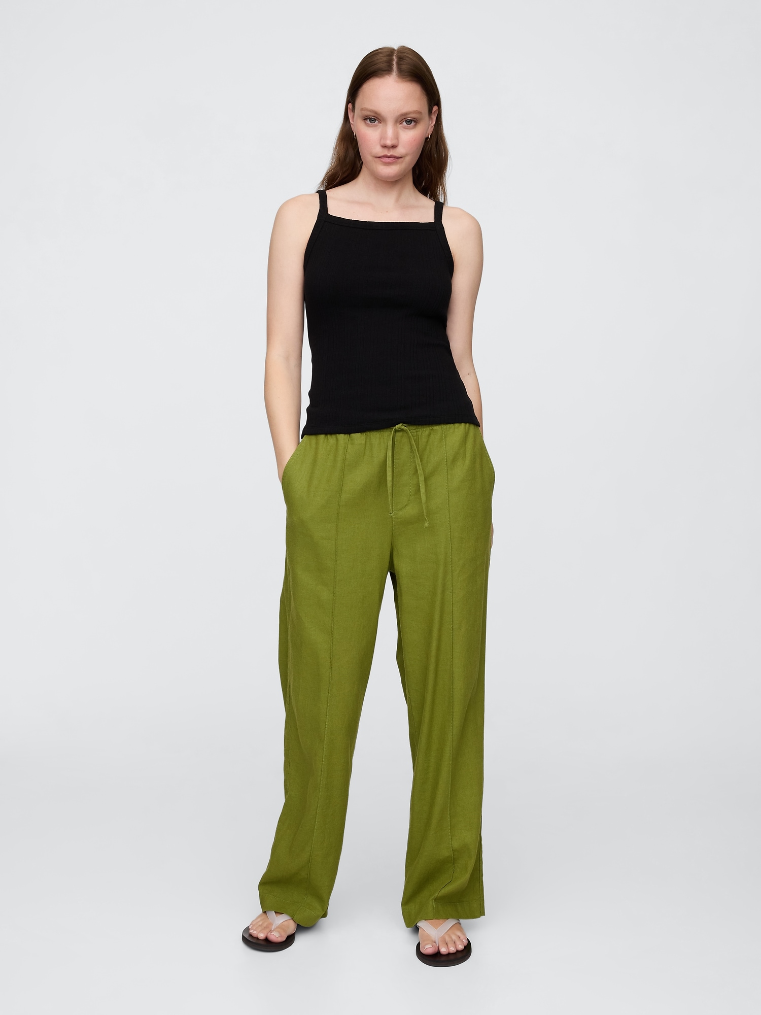 Mid Rise Linen-Blend Pull-On Wide-Leg Pants - Green
