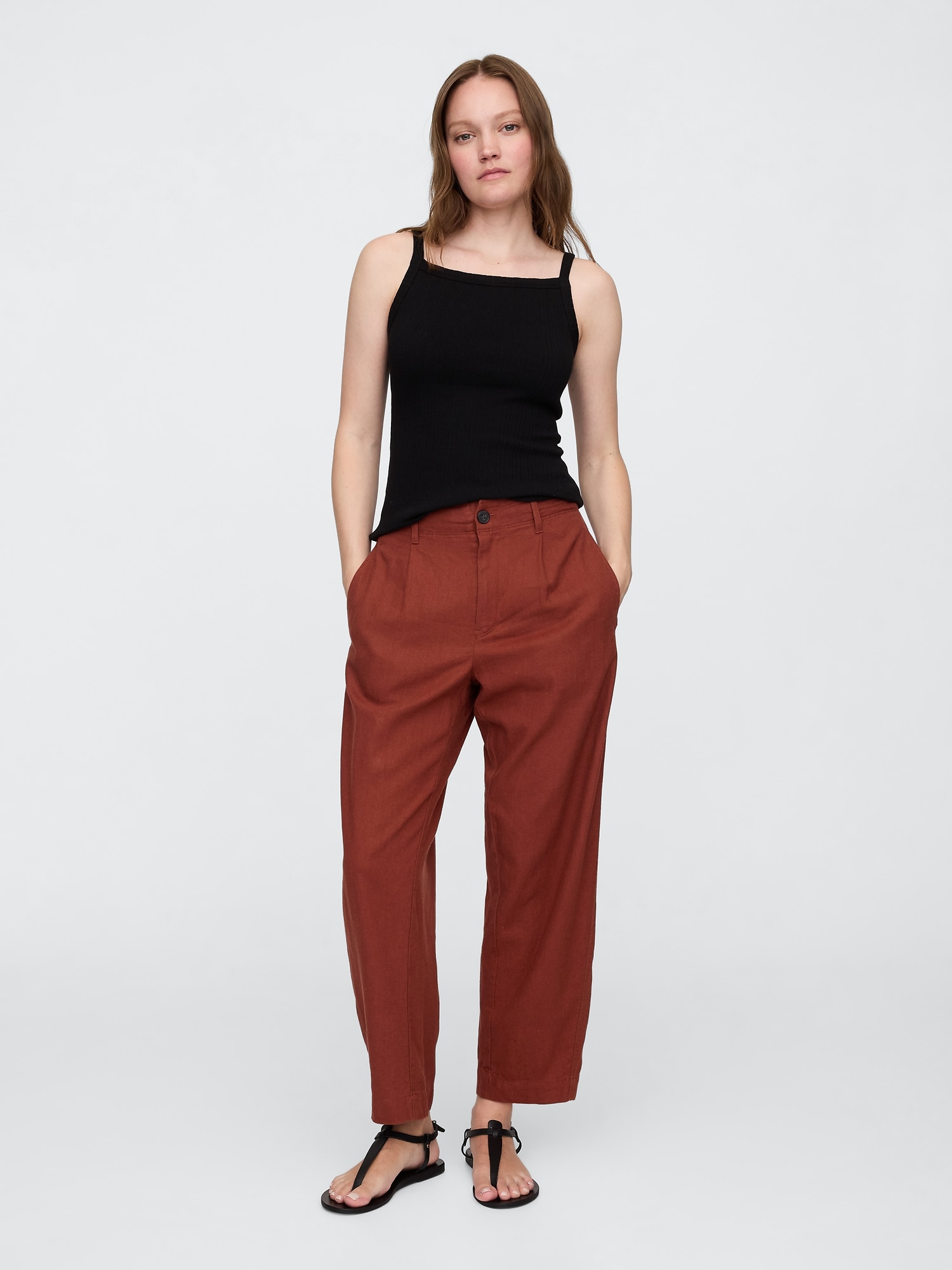 Mid Rise Linen-Blend Barrel Pants