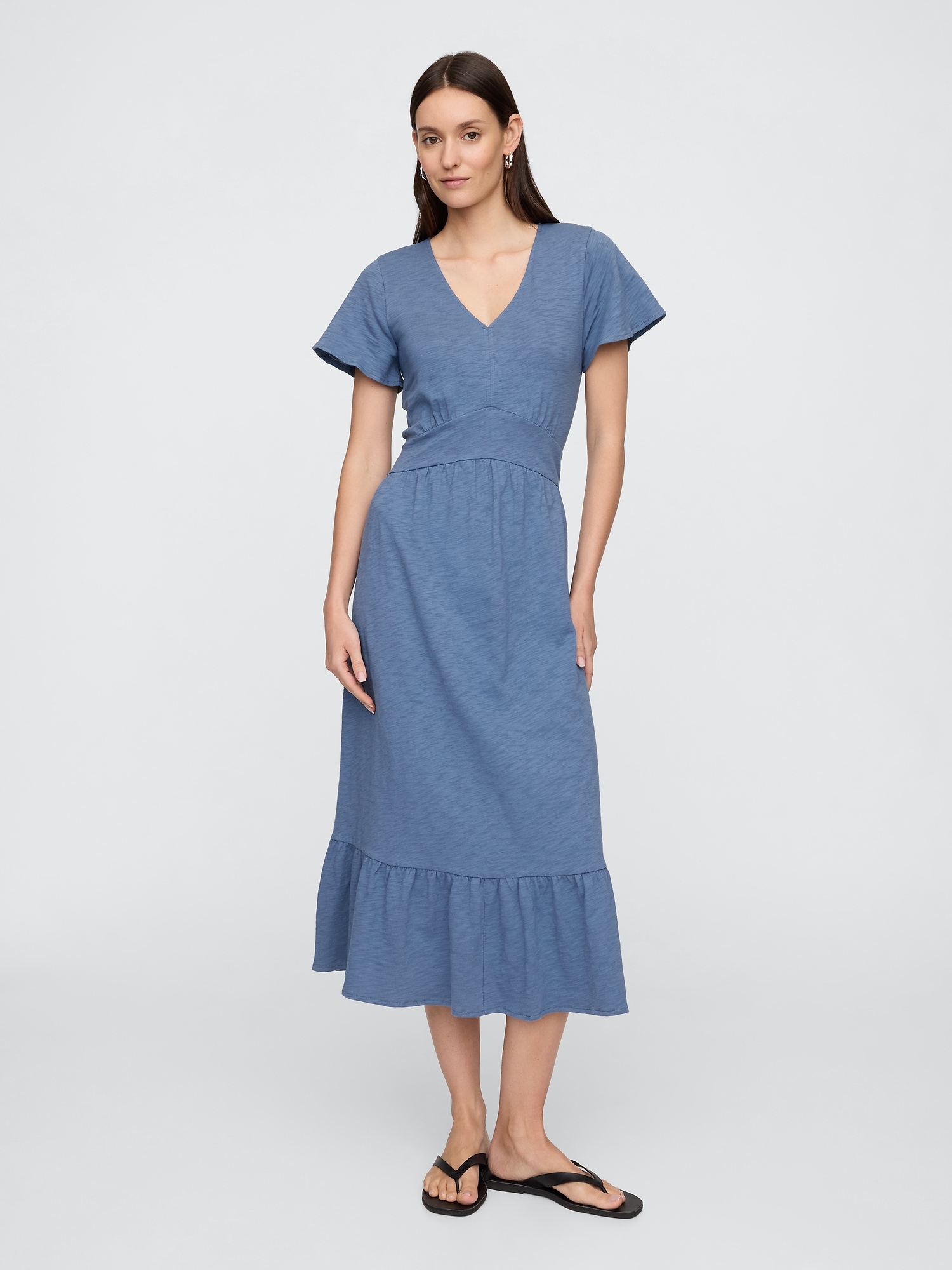 Flutter Sleeve V-Neck Midi Dress