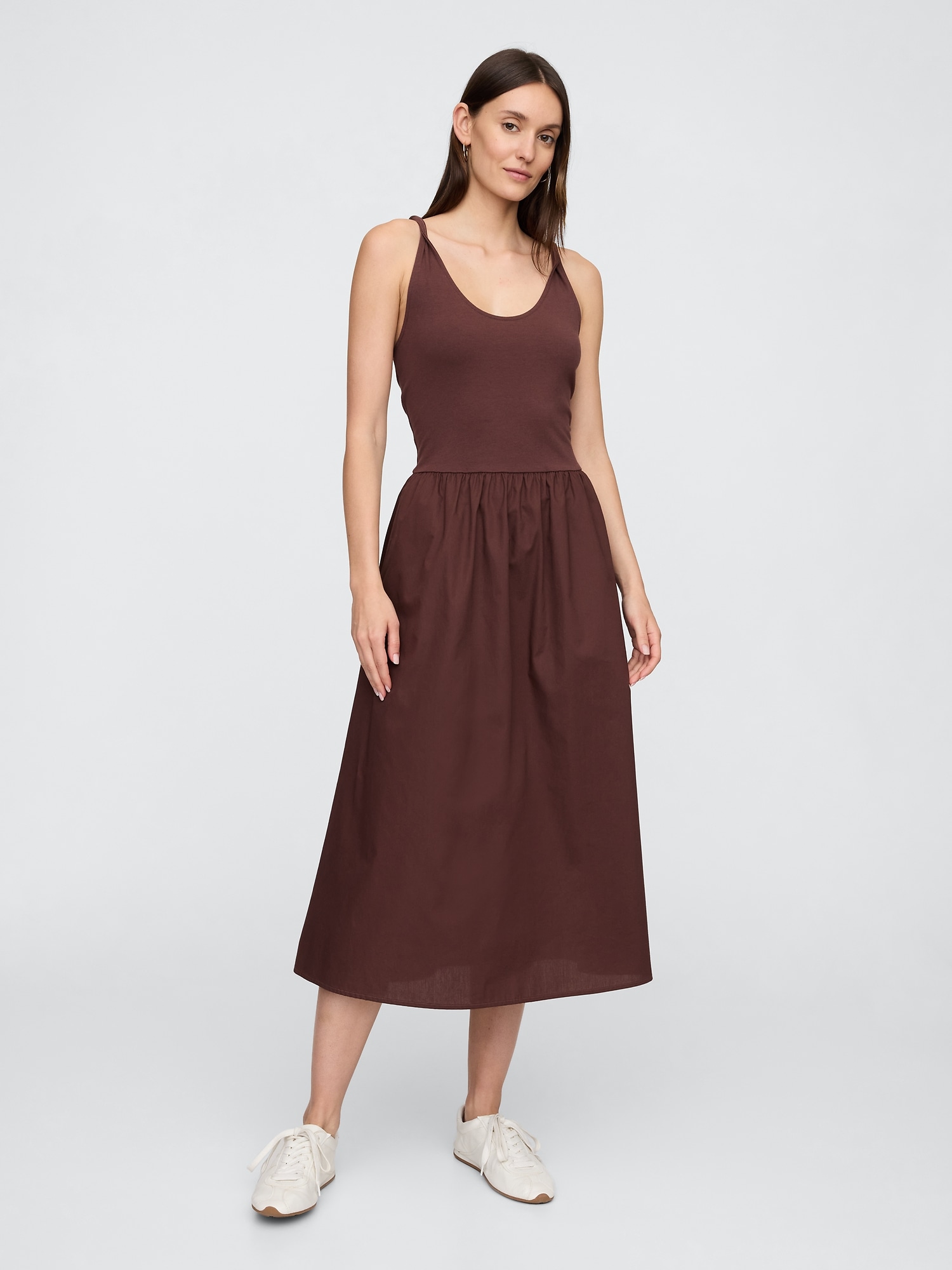 Twist-Strap Scoopneck Midi Dress - Brown