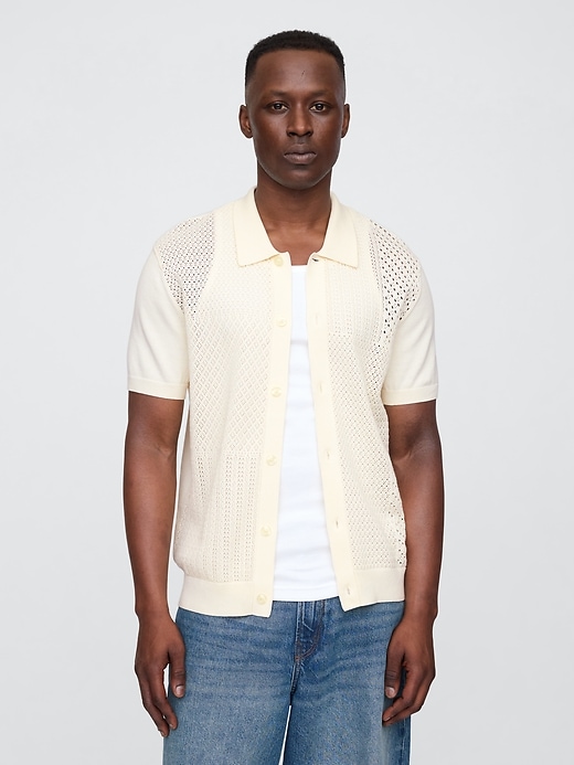 Image number 1 showing, Mixed-Stitch Crochet Vacay Shirt in Standard Fit