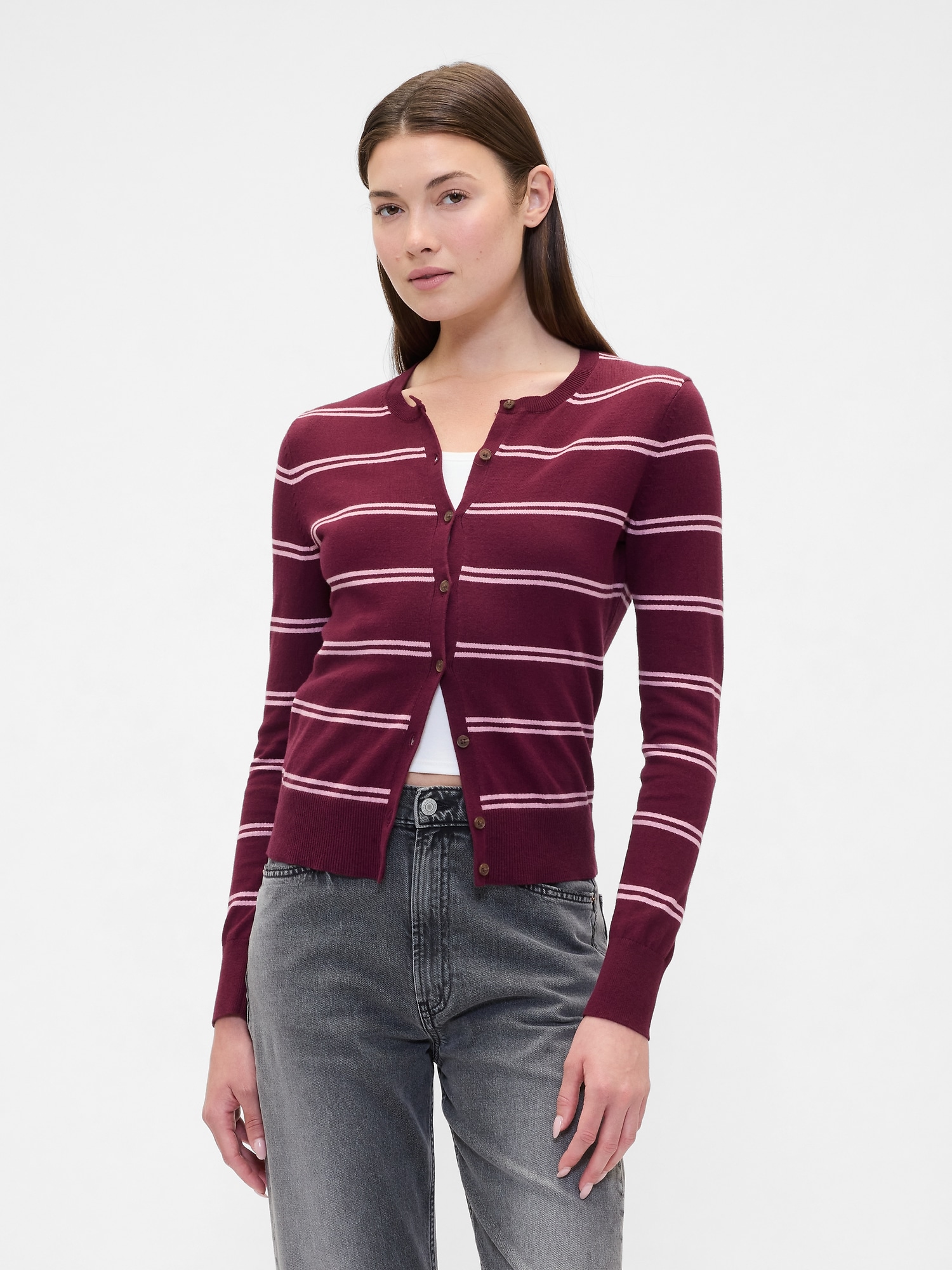 Crewneck Cardigan - Stripe Tuscan Red