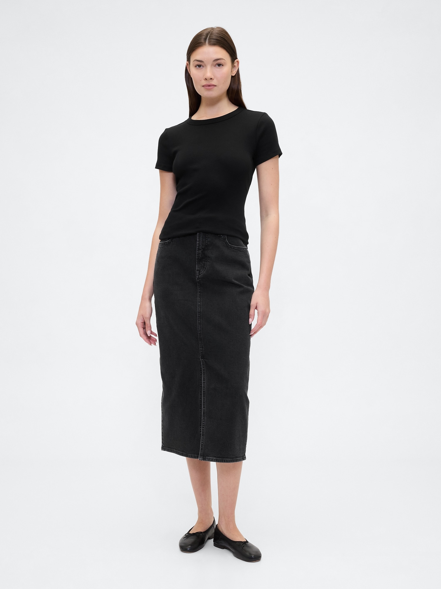 Denim Midi Pencil Skirt - Black