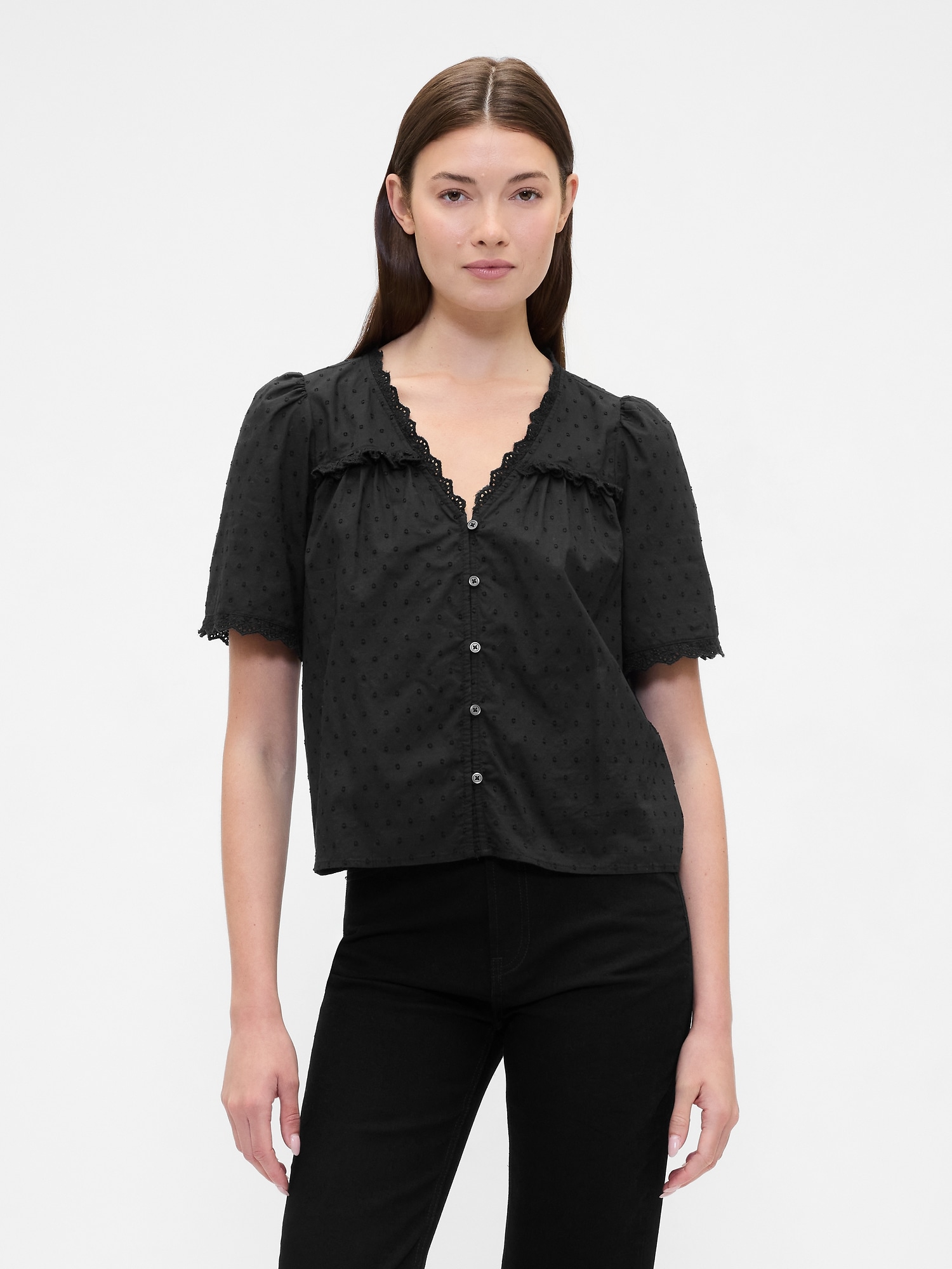 Ruffle V-Neck Top - Black