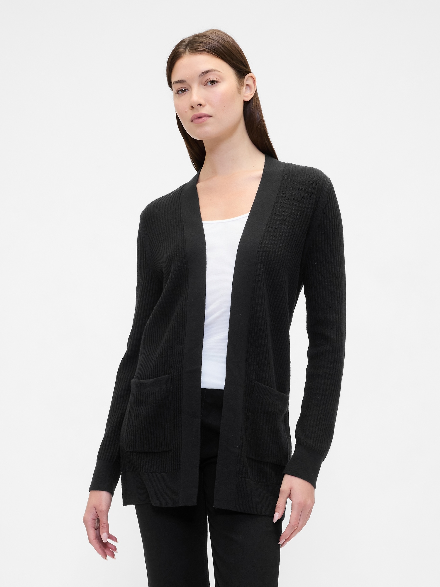 Relaxed Shaker-Stitch Open-Front Cardigan