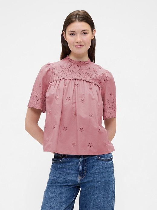 Image number 1 showing, Relaxed Puff Sleeve Eyelet Top