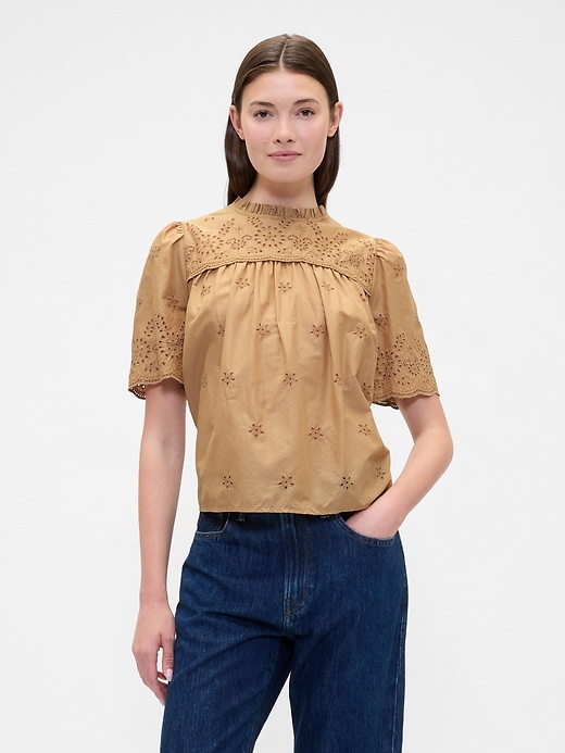 Image number 1 showing, Relaxed Puff Sleeve Eyelet Top