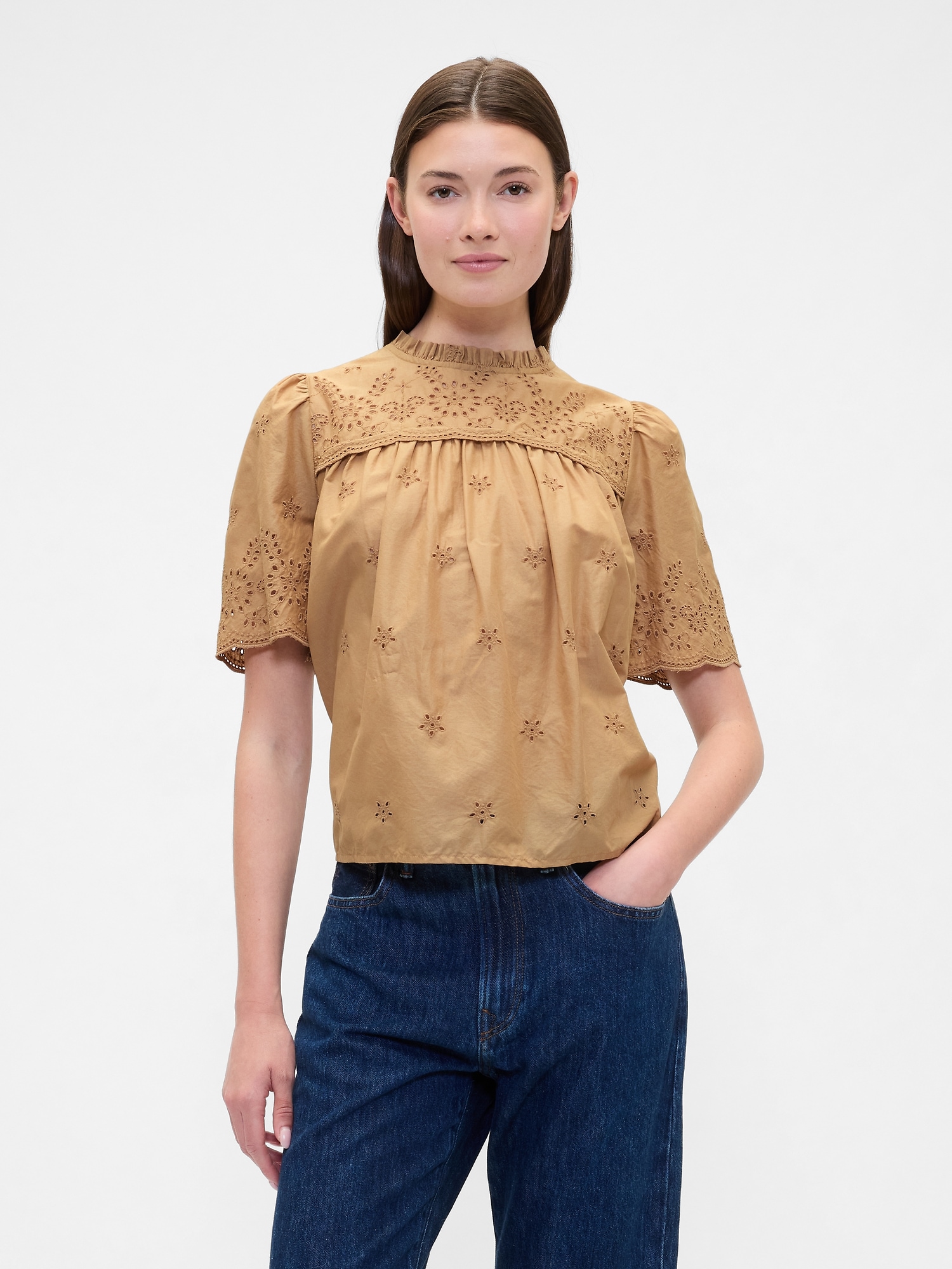 Relaxed Puff Sleeve Eyelet Top - Brown