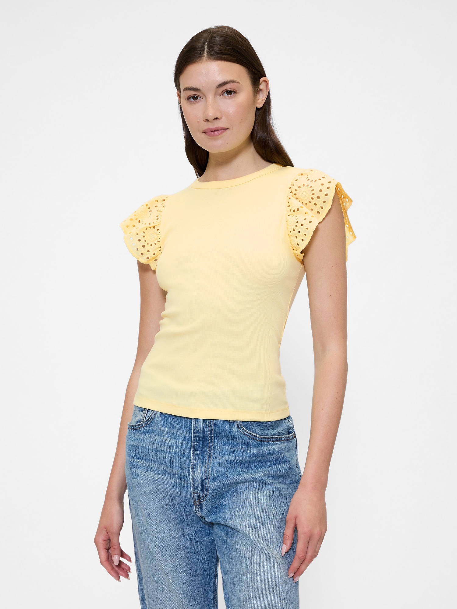 Ribbed Eyelet Flutter Sleeve T-Shirt - Yellow