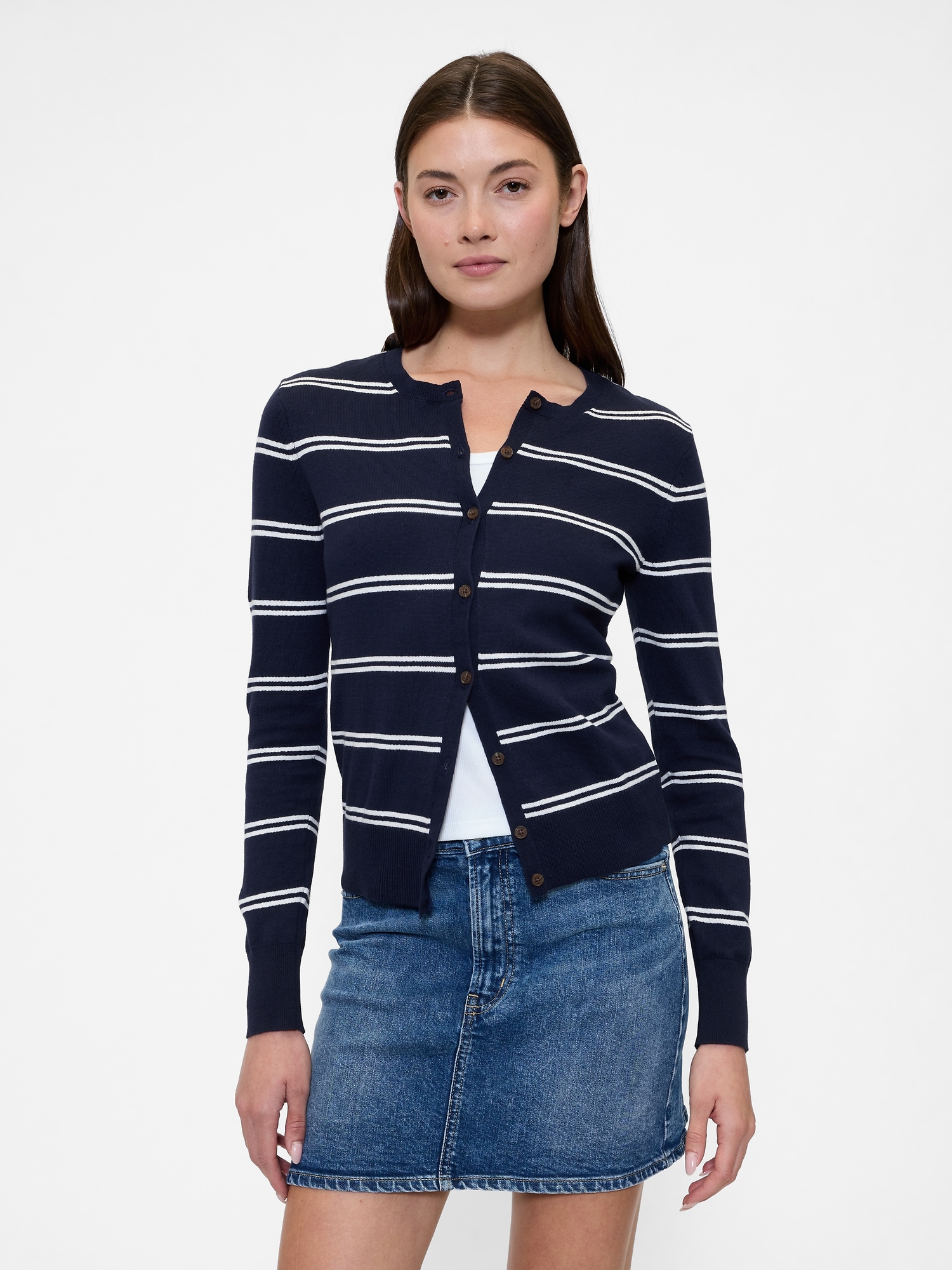 Crewneck Cardigan - Navy White Stripe
