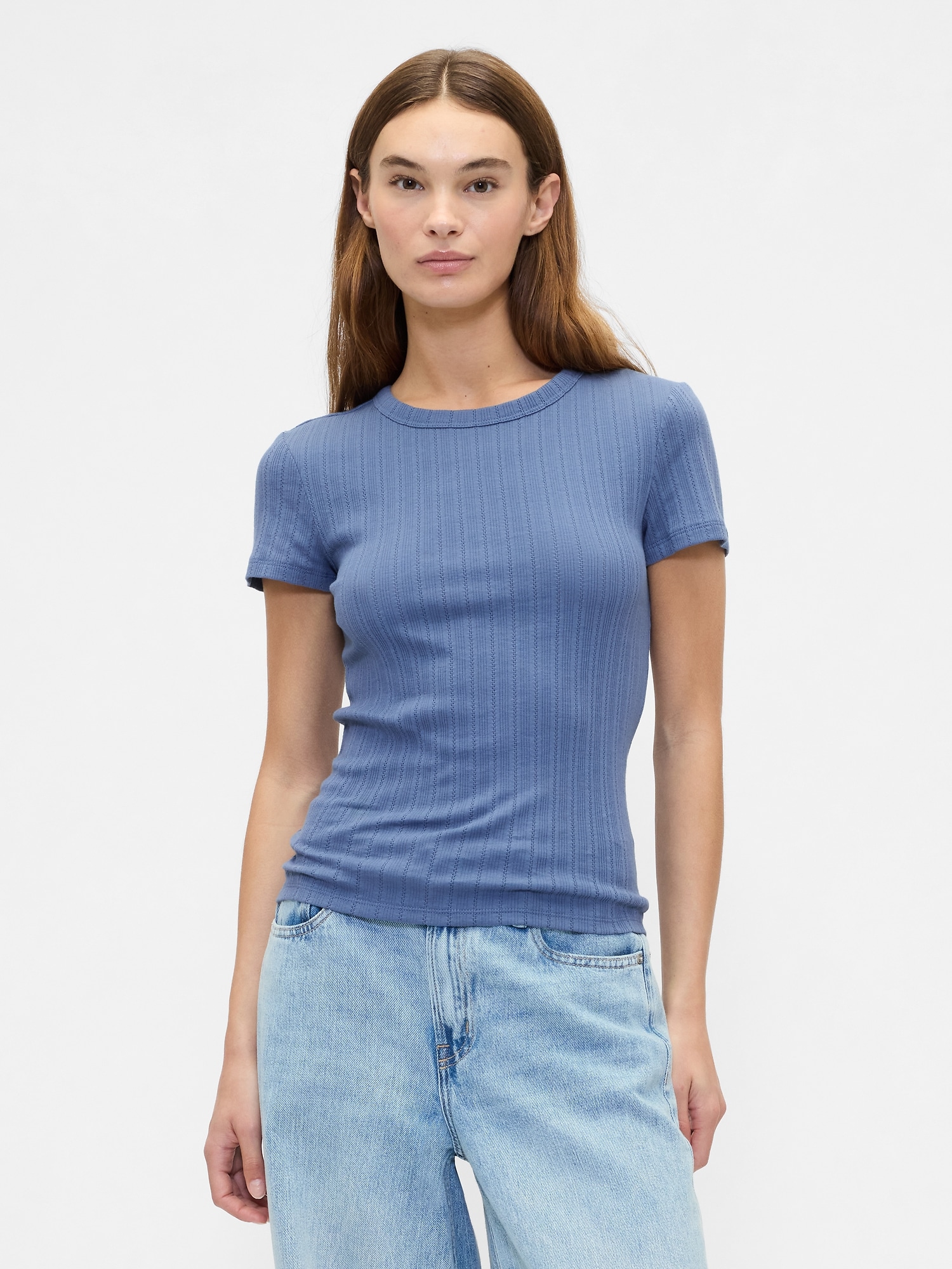 Ribbed Pointelle Crewneck T-Shirt