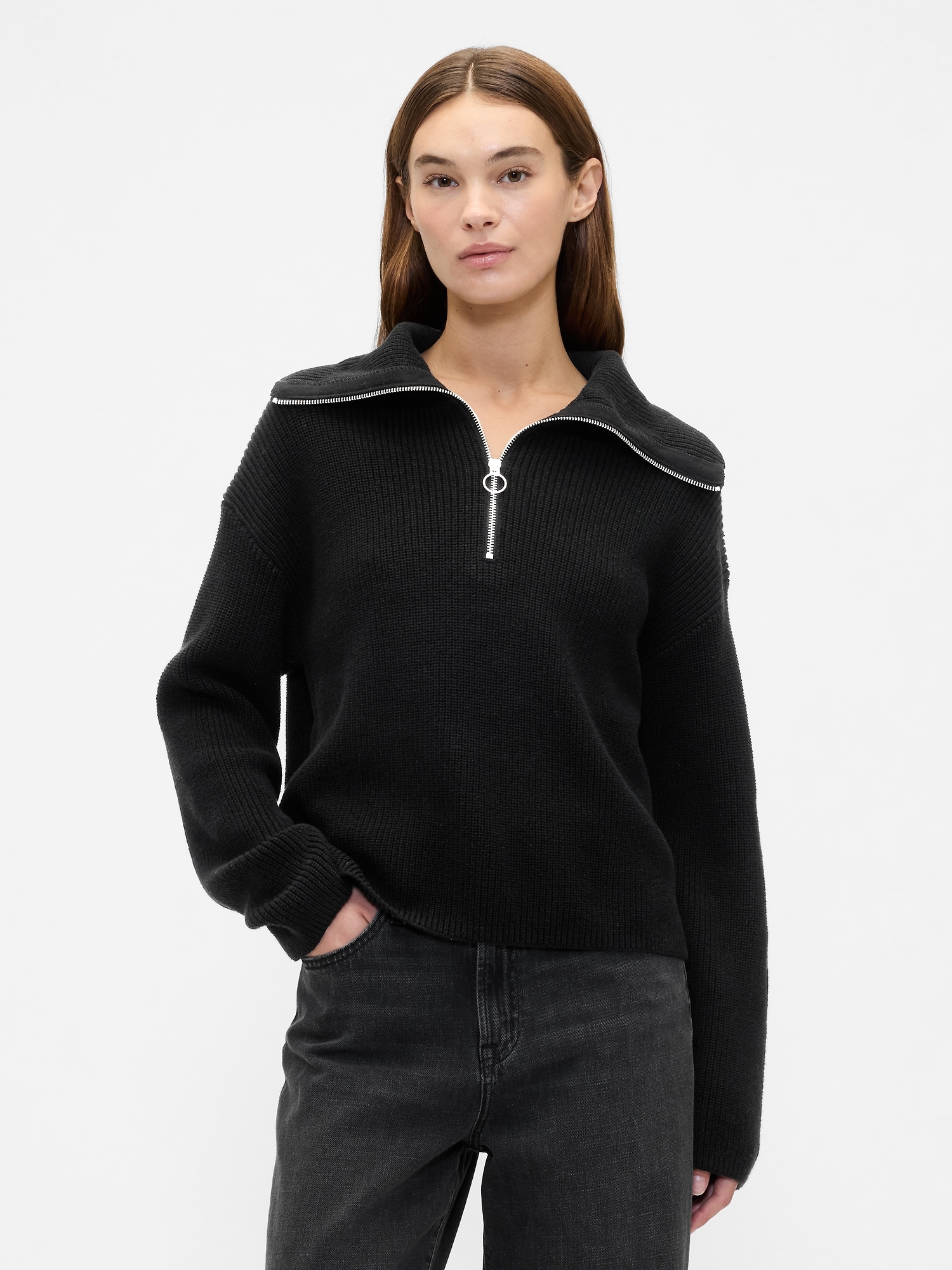 Relaxed Ribbed Quarter-Zip Cardigan - Black