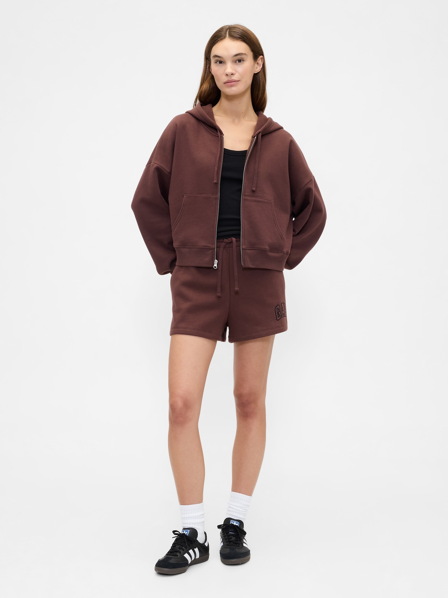 Gap Factory Relaxed Cropped Fleece Zip Hoodie In Brown