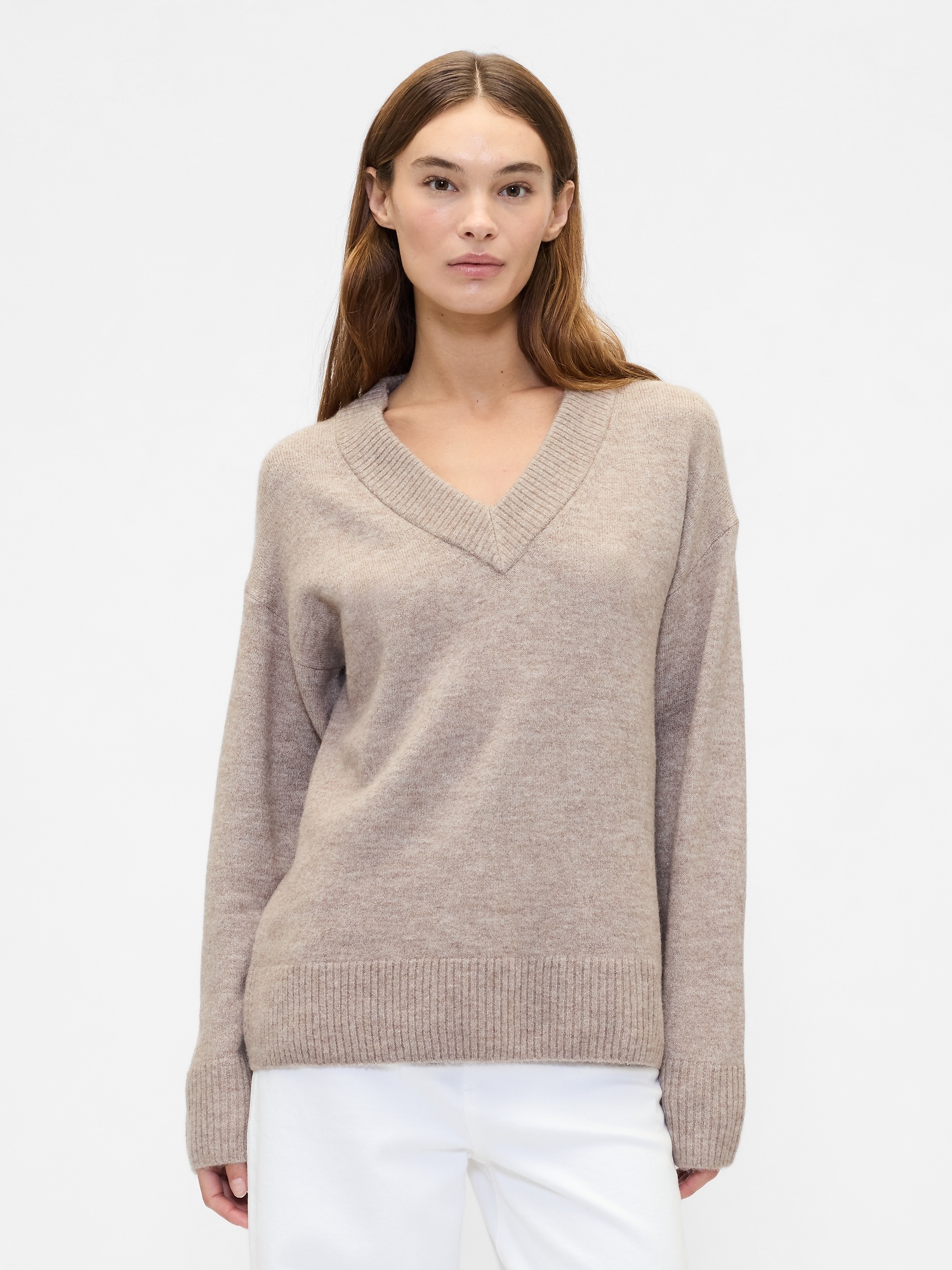 Oversized V-Neck Sweater - Brown