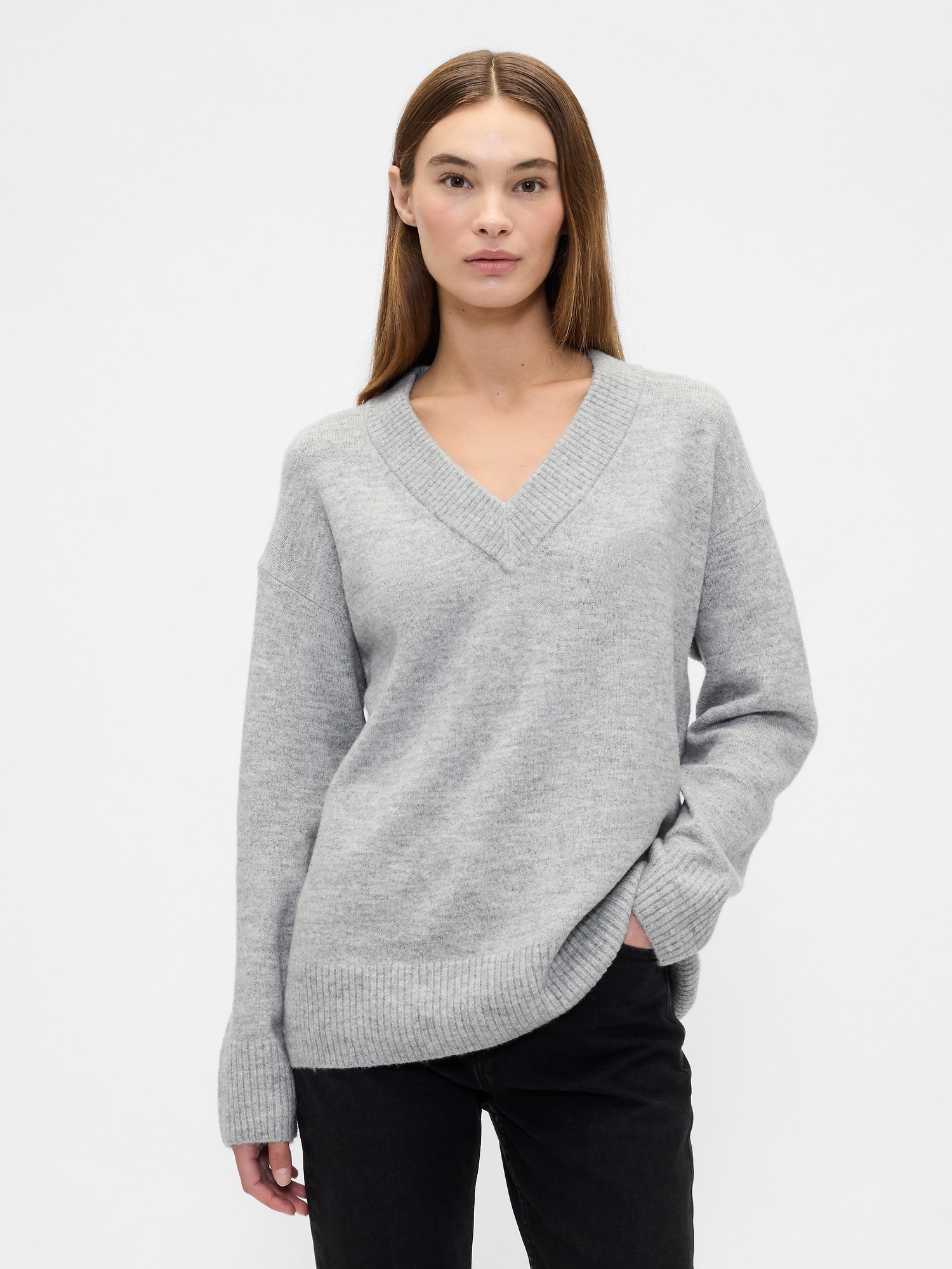 Oversized V-Neck Sweater - Gray