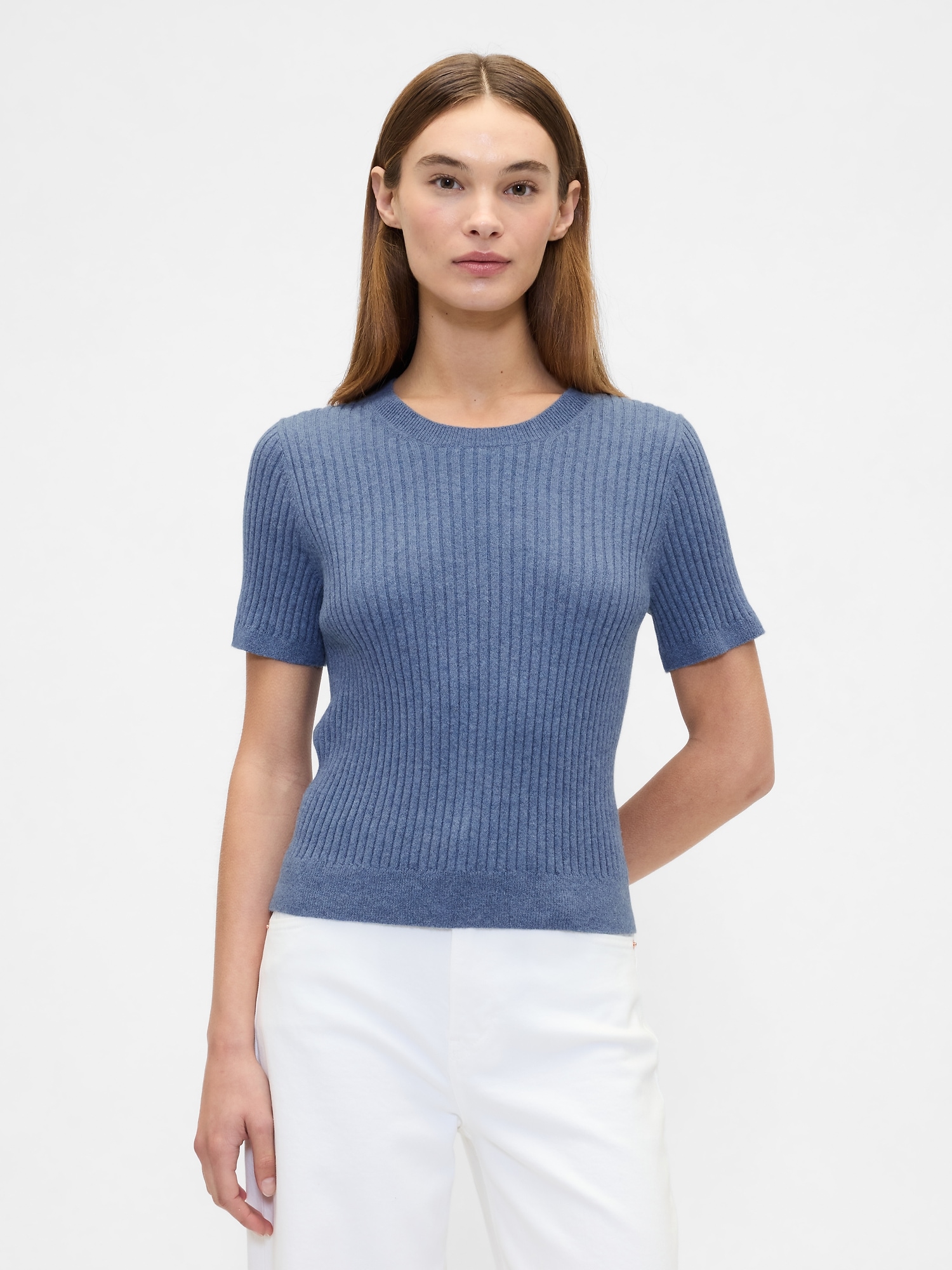 CashSoft Ribbed Crewneck T-Shirt - Blue