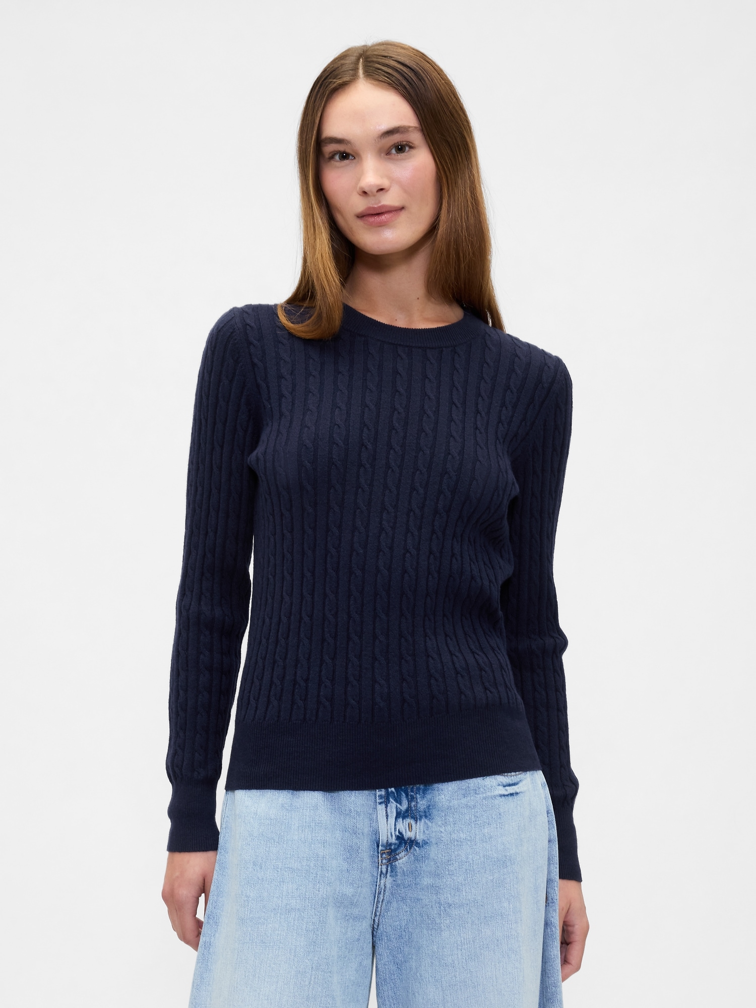 CashSoft Cable-Knit Crewneck Sweater - Navy Uniform