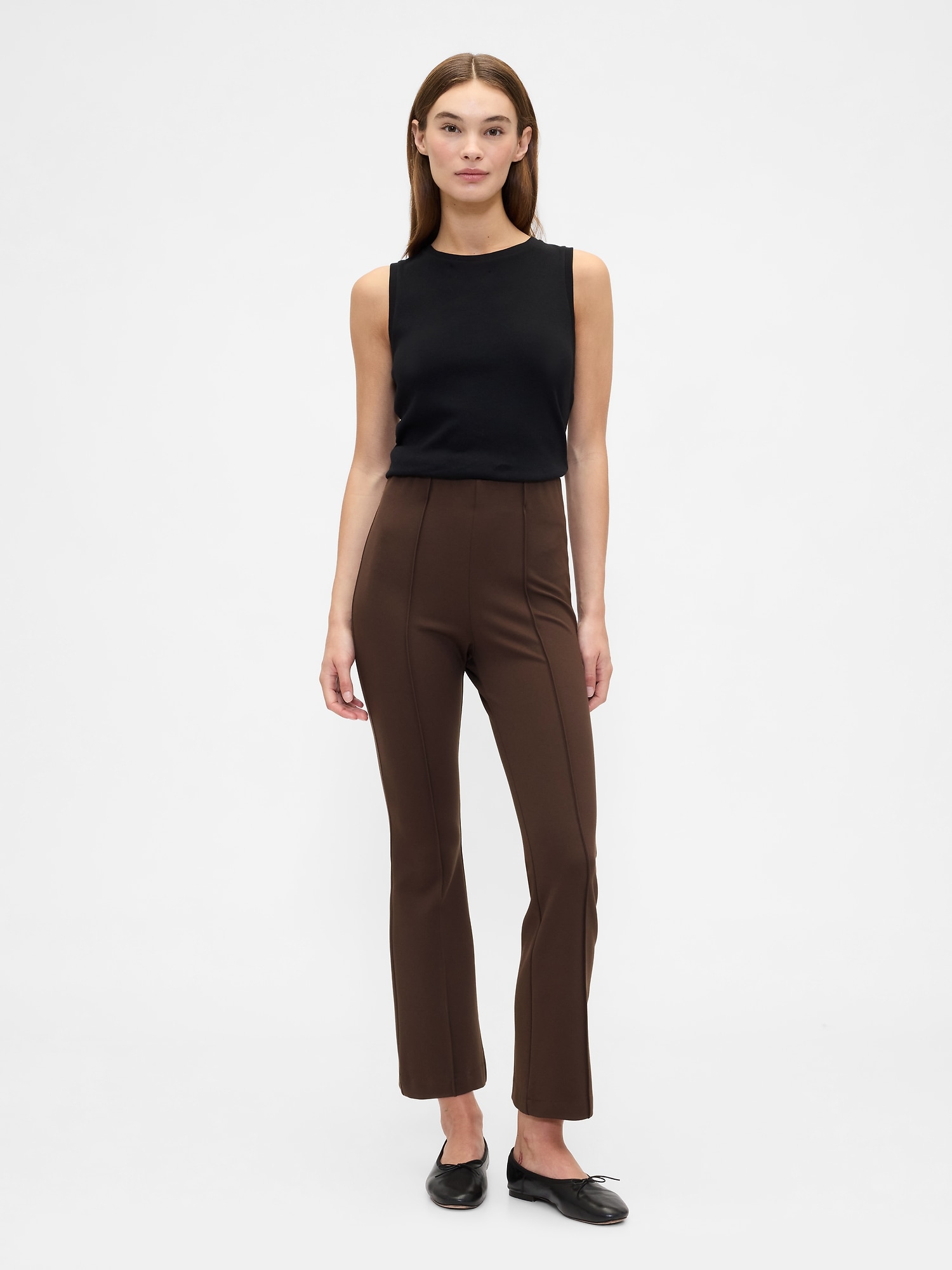 High Rise Ponte Flare Crop Pants - Dark Brown
