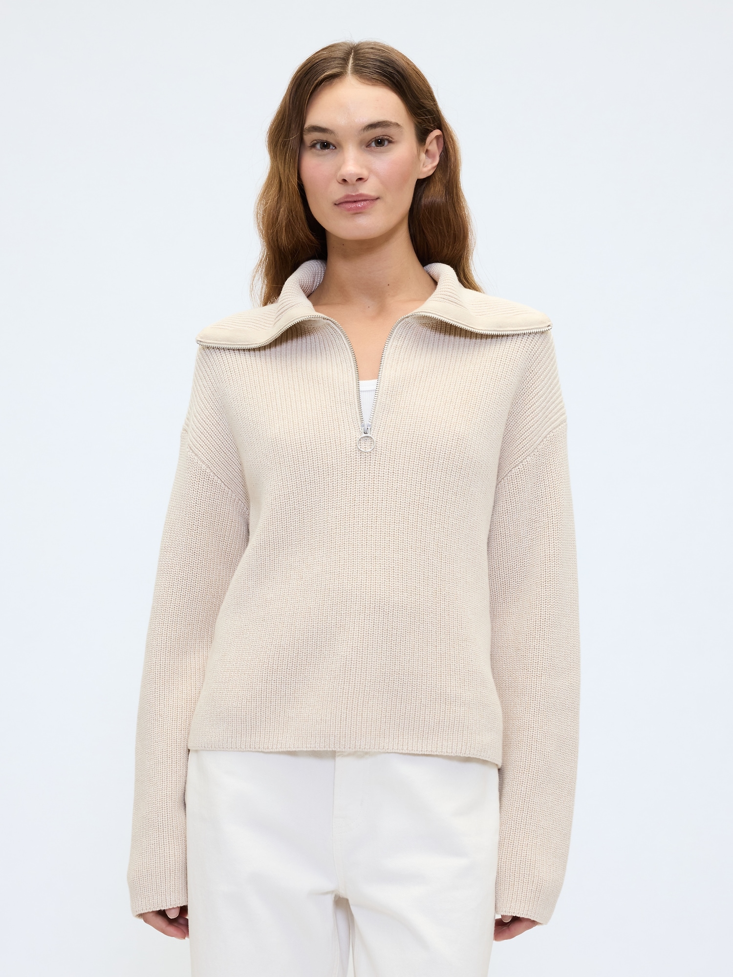 Relaxed Ribbed Quarter-Zip Cardigan - Off White Milk