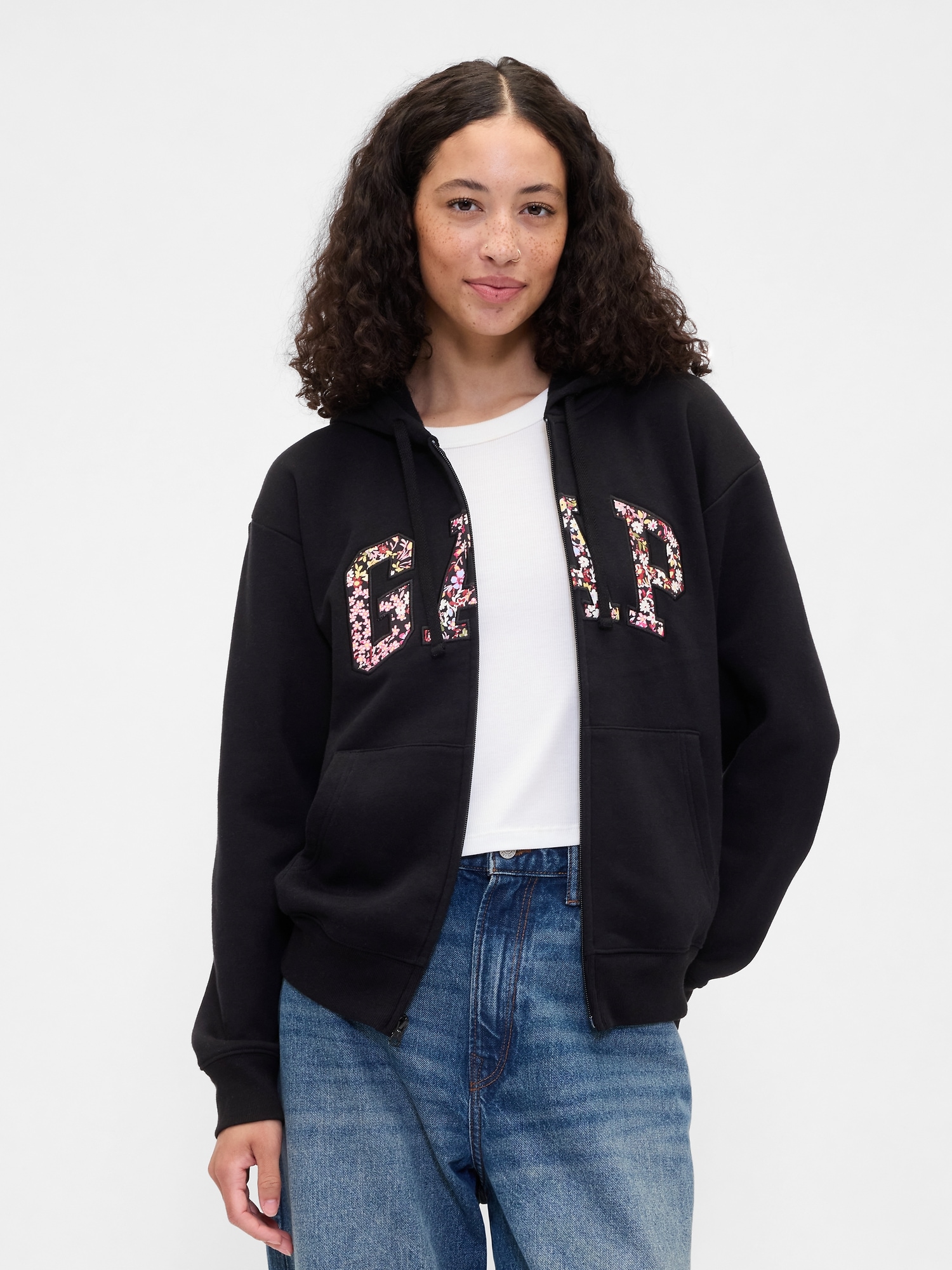 Relaxed Gap Logo Zip Hoodie - Minifloral True Black