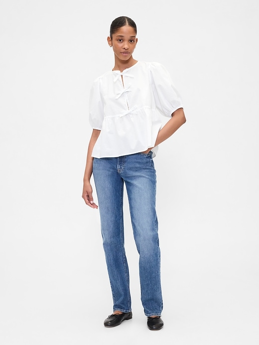 Image number 3 showing, Poplin Puff Sleeve Tie-Front Top