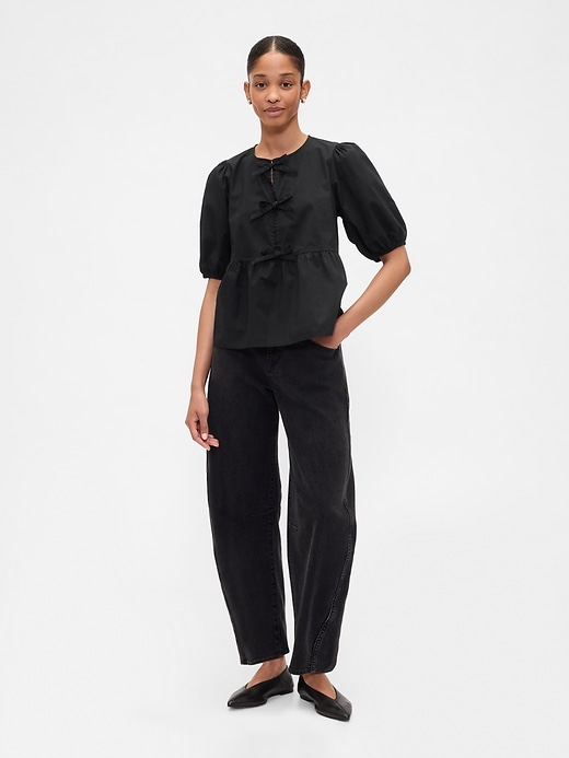 Image number 3 showing, Poplin Puff Sleeve Tie-Front Top